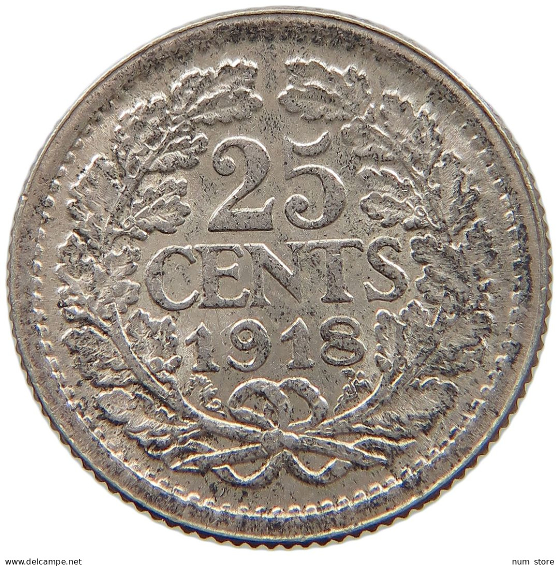 NETHERLANDS 25 CENTS 1918 Wilhelmina 1890-1948 #c004 0433 - 25 Cent