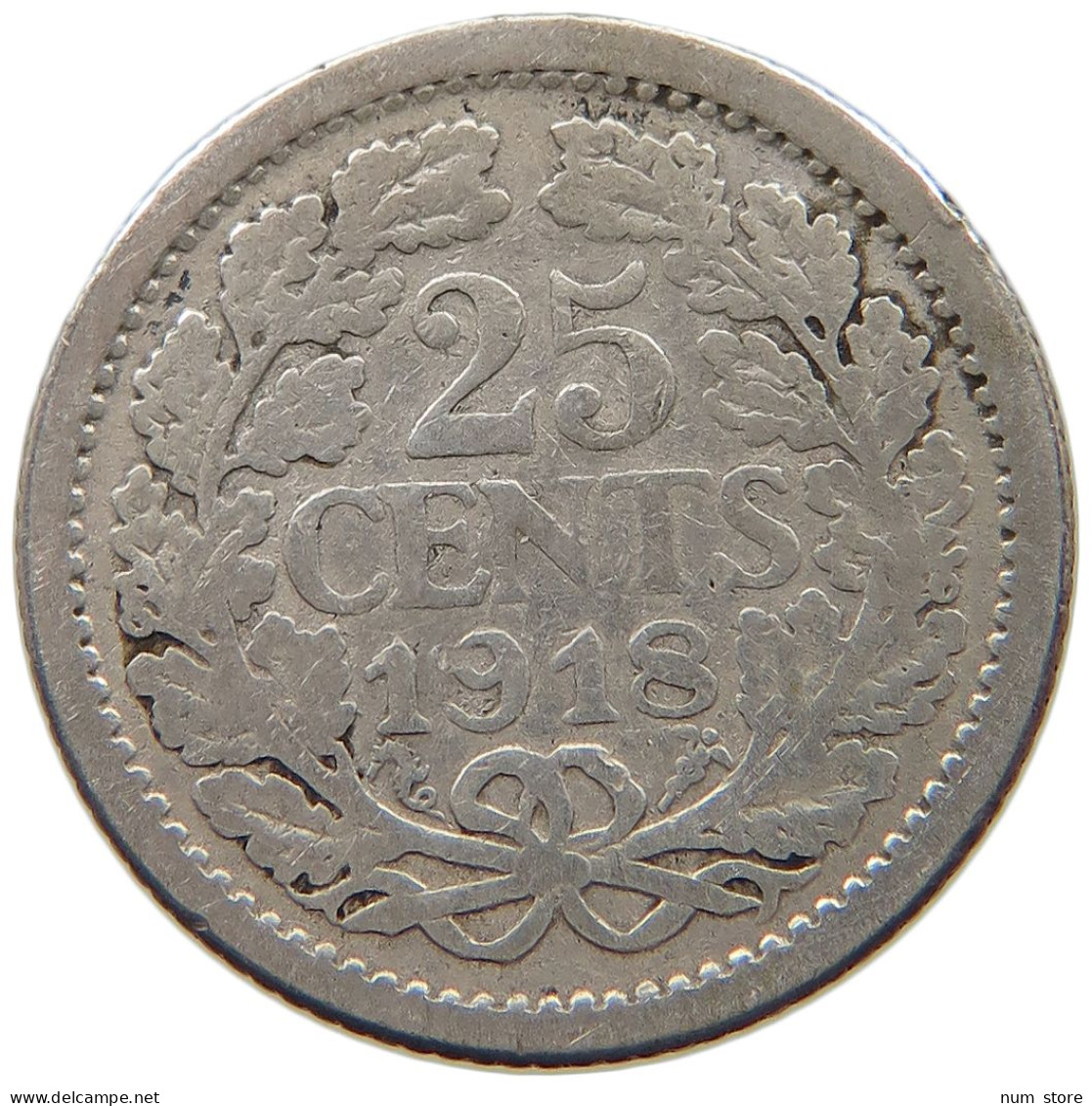 NETHERLANDS 25 CENTS 1918 Wilhelmina 1890-1948 #a045 0719 - 25 Centavos