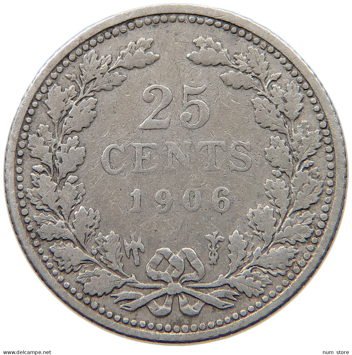 NETHERLANDS 25 CENTS 1906 Wilhelmina 1890-1948 #s049 0553 - 25 Centavos
