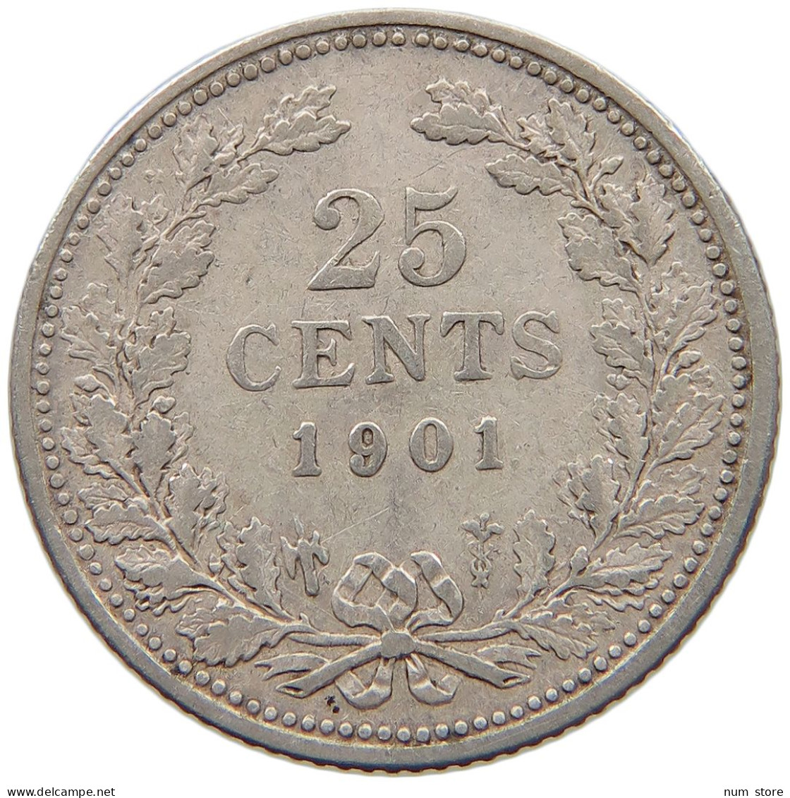 NETHERLANDS 25 CENTS 1901 Wilhelmina 1890-1948 RARE #c025 0171 - 25 Centavos