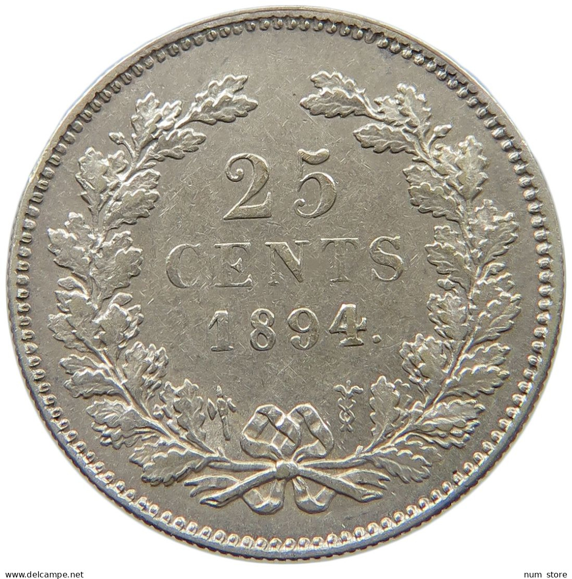 NETHERLANDS 25 CENTS 1894 Wilhelmina 1890-1948 RARE #t005 0251 - 25 Centavos
