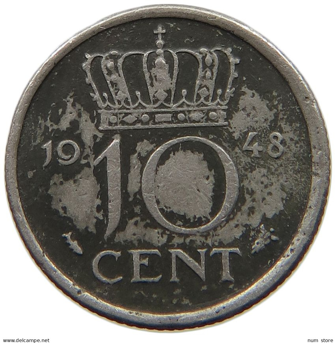 NETHERLANDS 10 CENTS 1948 Wilhelmina 1890-1948 MINTING ERROR #c011 0755 - 10 Cent