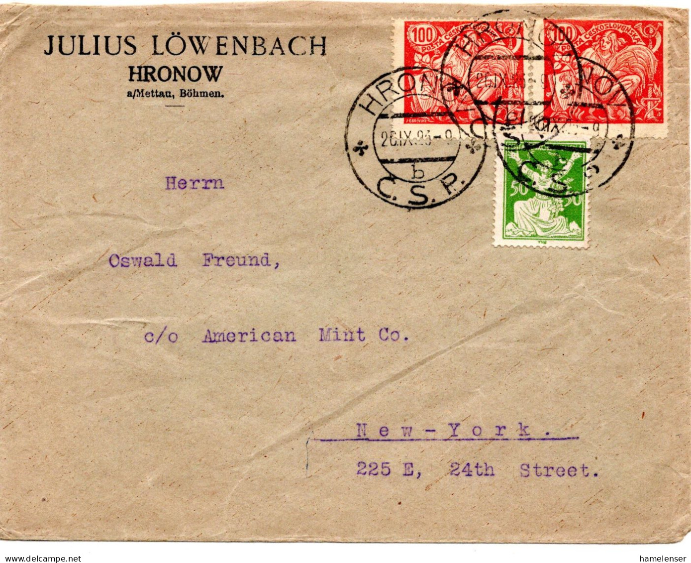 71848- Tschechoslowakei - 1923 - 2@100H MiF A Bf HRONOV -> New York, NY (USA) - Briefe U. Dokumente