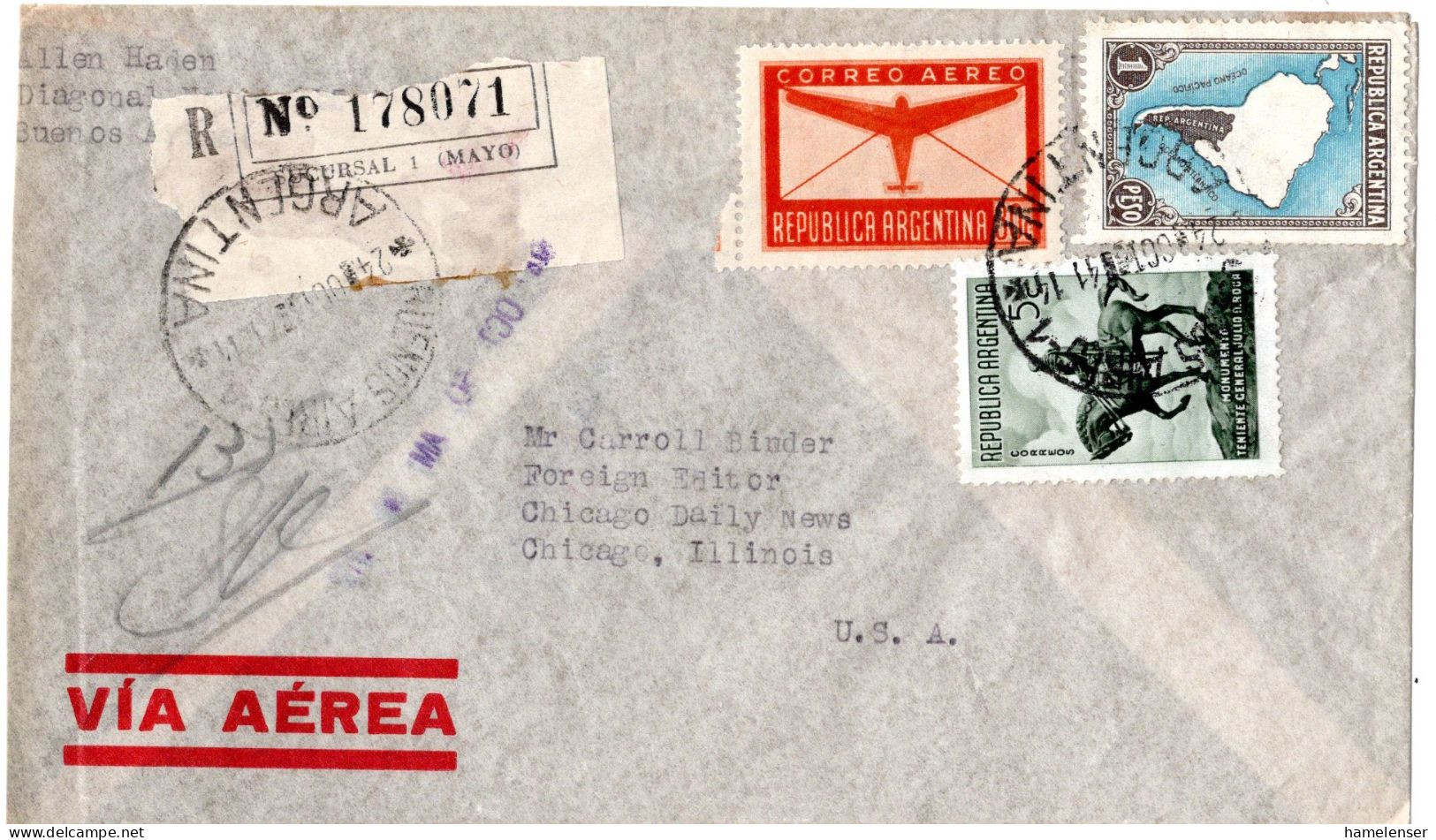 71850 - Argentinien - 1941 - 1P Landkarte MiF A R-LpBf BUENOS AIRES -> CHICAGO, ILL (USA) - Briefe U. Dokumente
