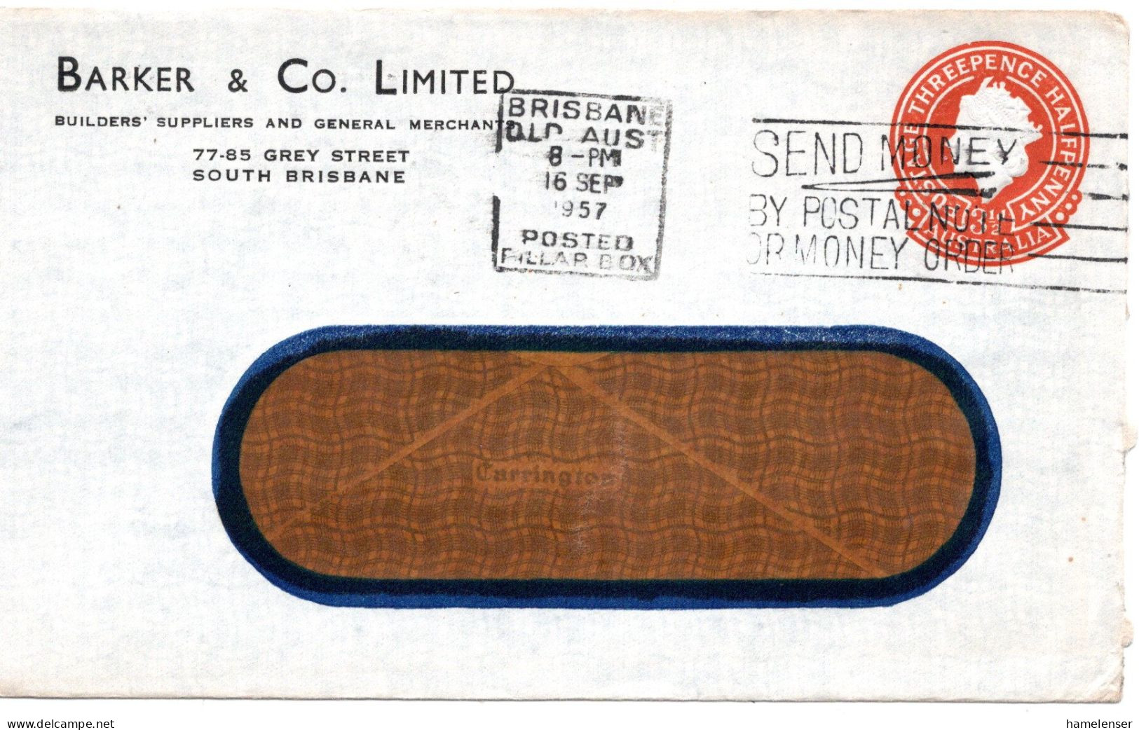 71853 - Australien - 1957 - 3,5d QEII GAU BRISBANE - SEND MONEY ... -> Inland - Cartas & Documentos