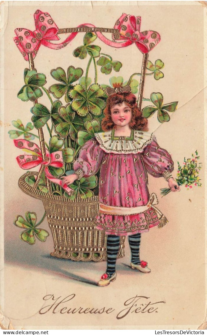 FÊTES ET VOEUX - Heureuse Fête - Poupée - Panier De Trèfles à Quatre Feuilles - Chance - Carte Postale Ancienne - Andere & Zonder Classificatie