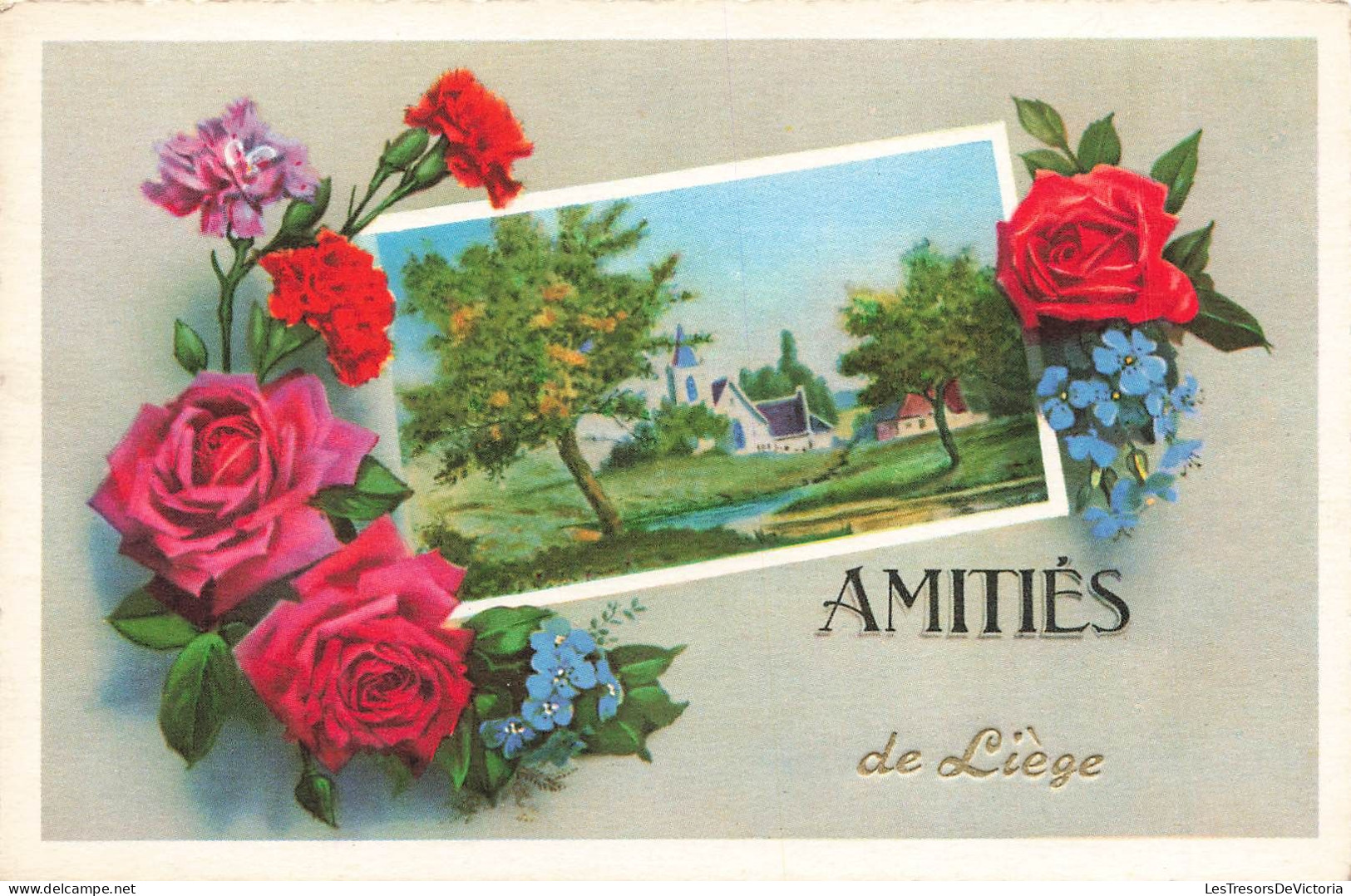 FÊTES ET VOEUX - Amitiés De Liège - Eglise - Campagne - Fleurs - Carte Postale Ancienne - Otros & Sin Clasificación