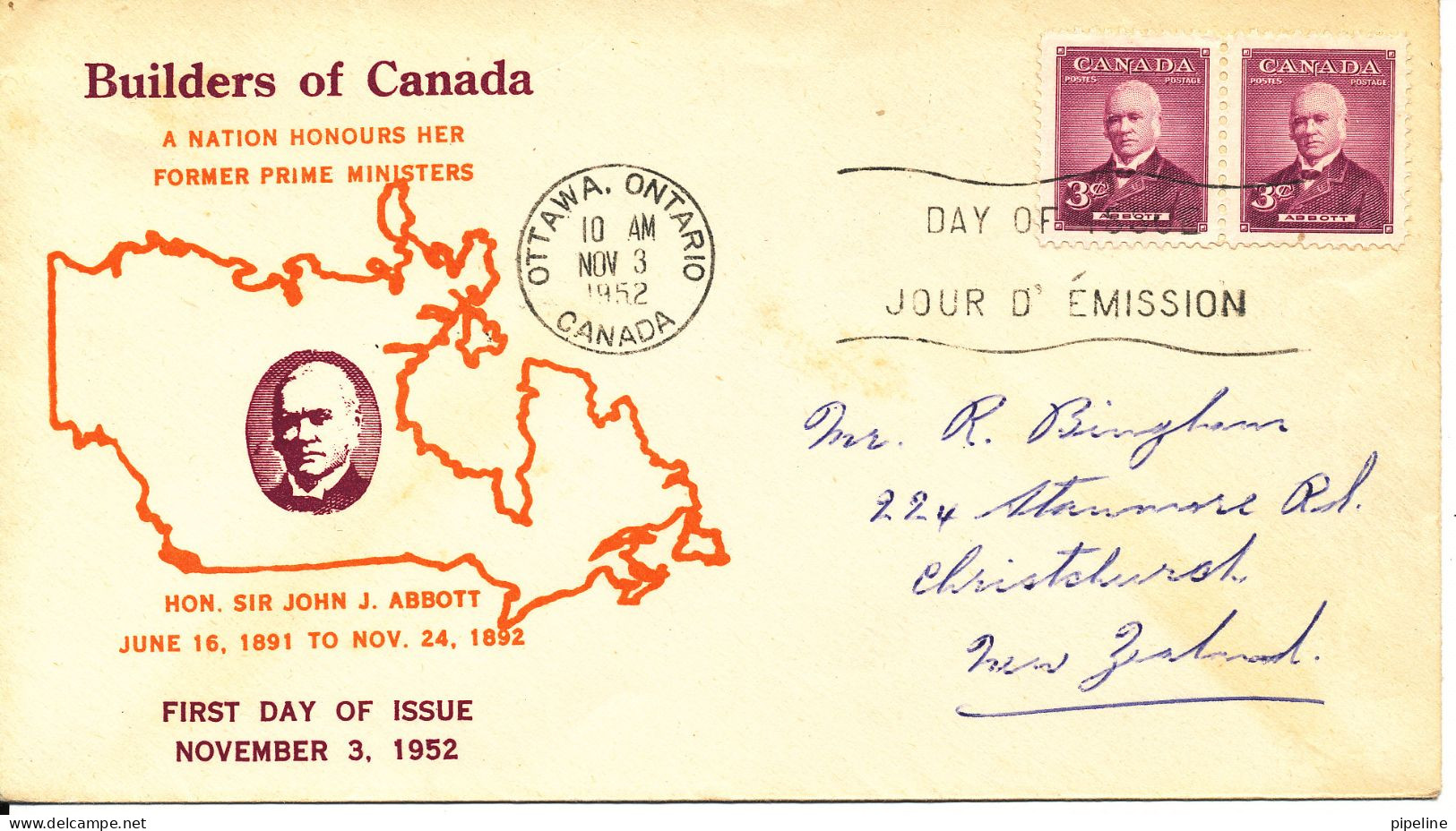 Canada FDC 3-11-1952 Builders Of Canada With Cachet Sent To New Zealand - 1952-1960