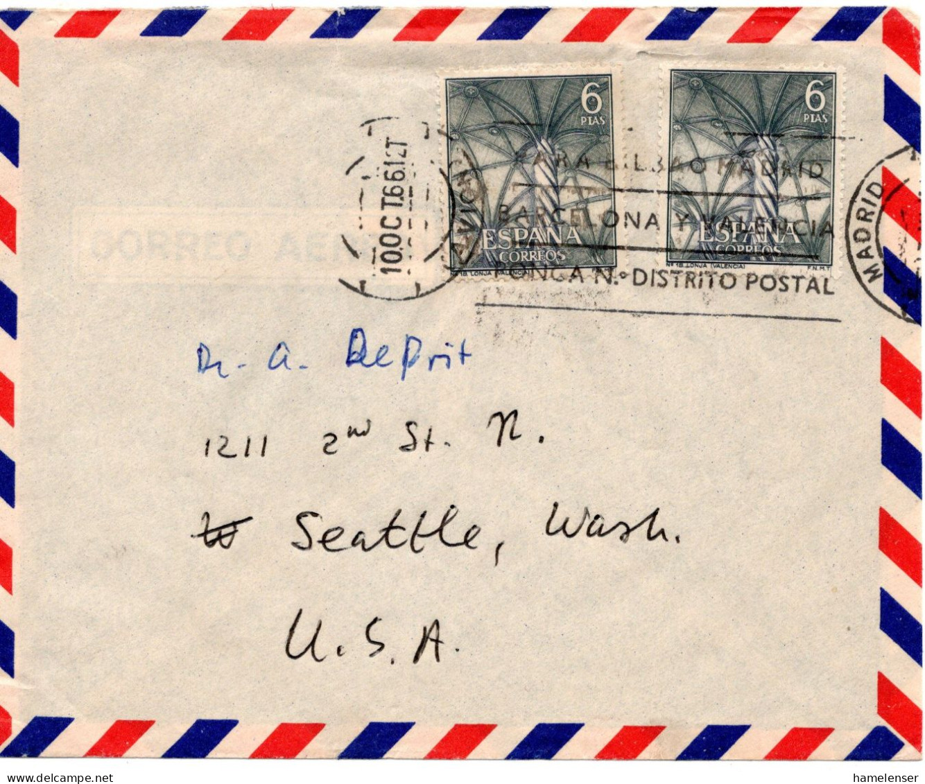 71854 - Spanien - 1966 - 2@6Ptas Lonja A LpBf MADRID - ... -> Seattle, WA (USA) - Storia Postale