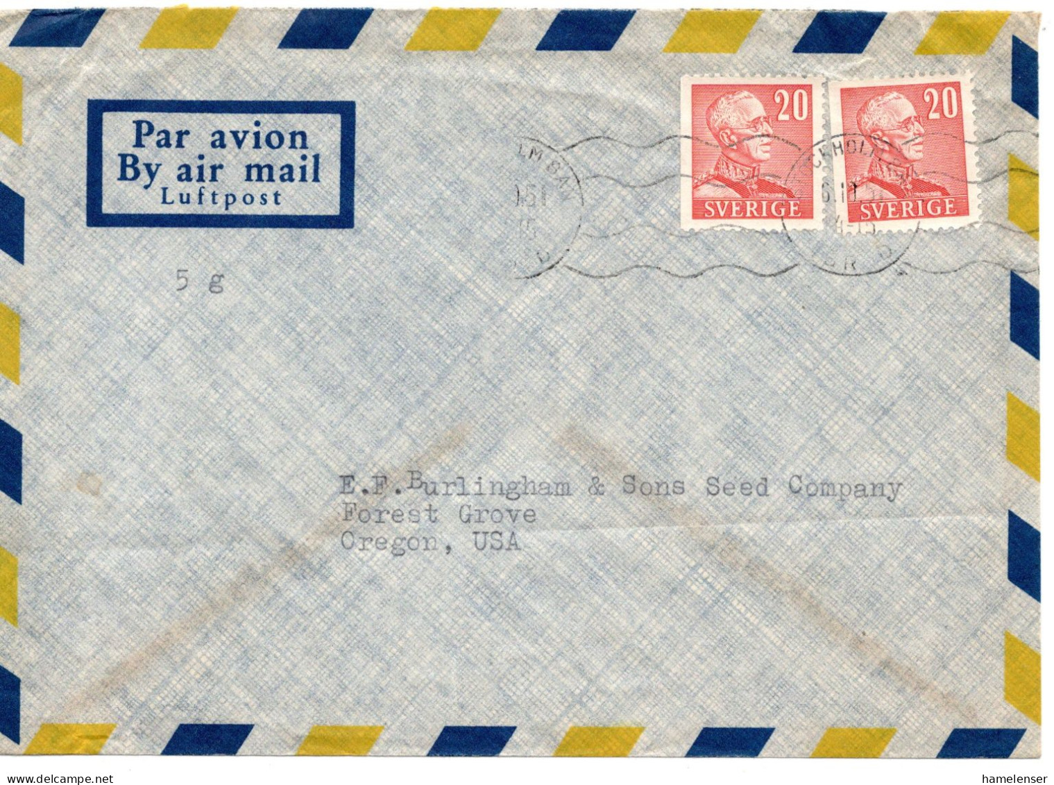 71855 - Schweden - 1951 - 2@20o A LpBf STOCKHOLM -> Forest Grove, OR (USA) - Briefe U. Dokumente