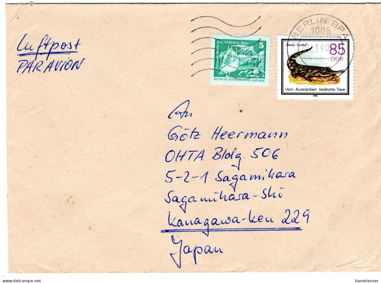 71857 - DDR - 1990 - 85Pfg Sunda-Garial MiF A LpBf BERLIN -> Japan - Cartas & Documentos