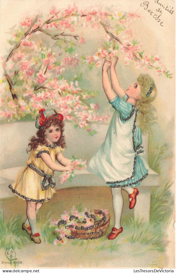 ENFANTS - Illustration De Deux Fillettes Ceuillant Des Fleurs - Cerisier - Carte Postale Ancienne - Autres & Non Classés