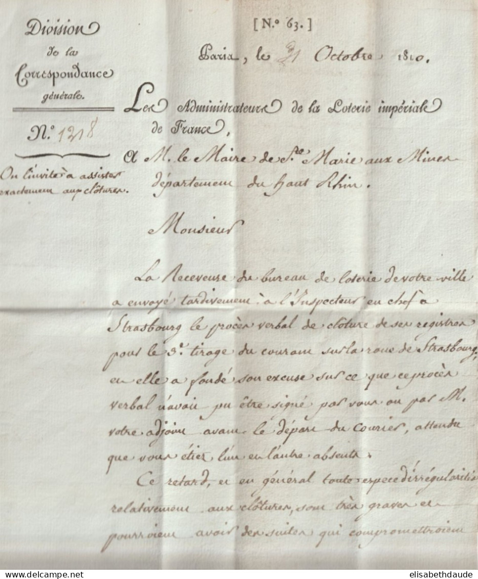 1810 - LOTERIE IMPERIALE - LETTRE IMPRIMEE (VOIR INTERIEUR) MARQUE De FRANCHISE  => STE MARIE AUX MINES - Civil Frank Covers