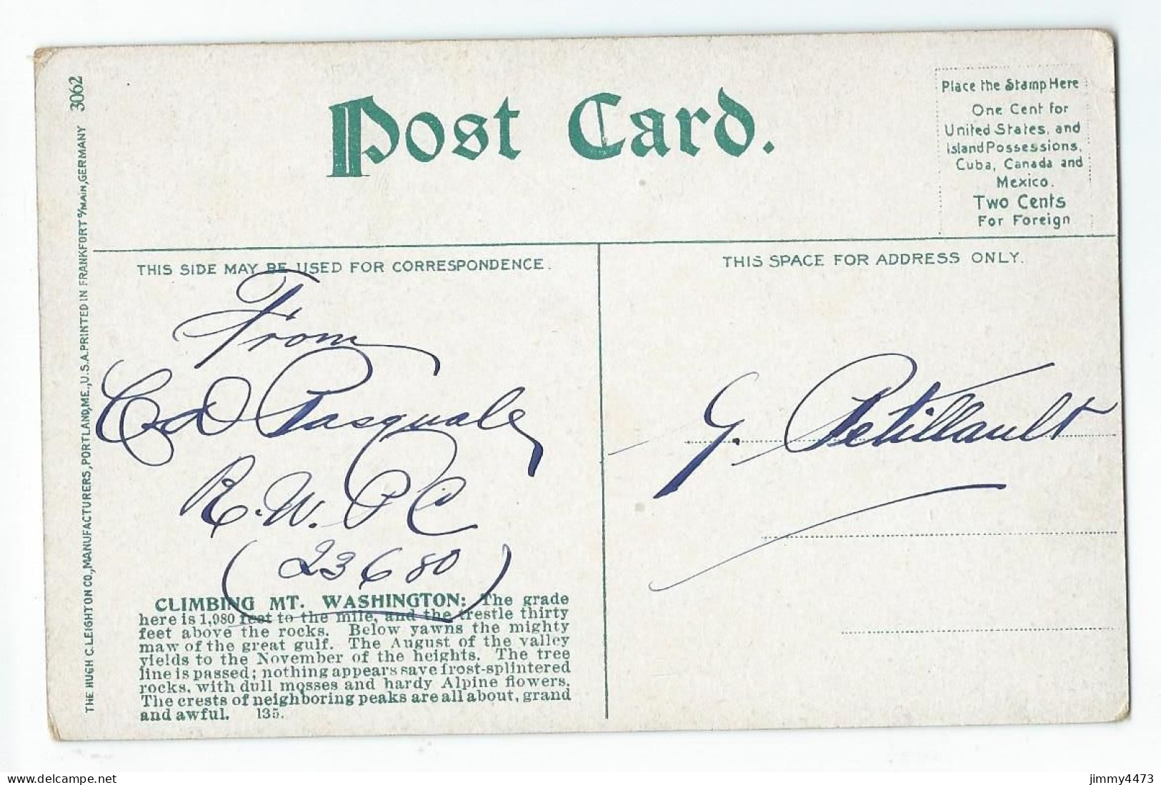POST CARD - While Mis. N.H. Jacob's Ladder MI. Washington Railroad - White Mountains