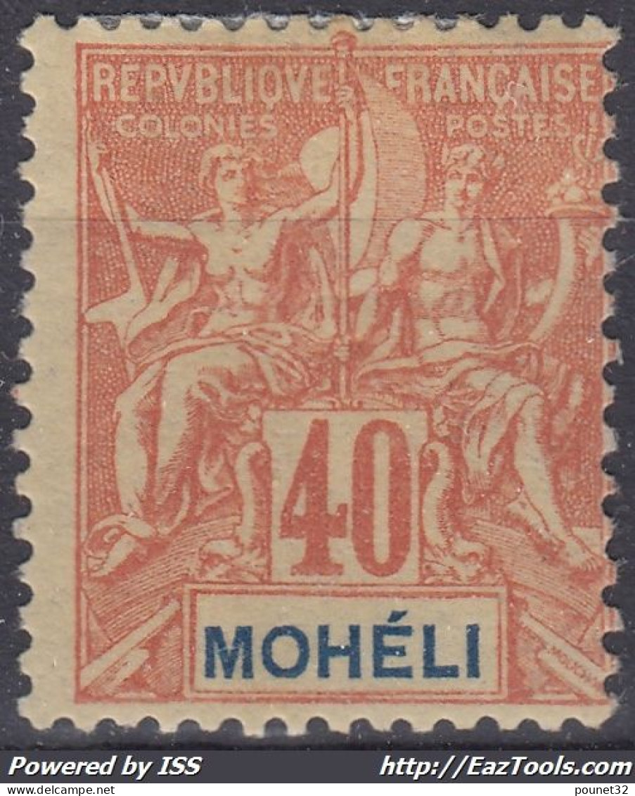 TIMBRE MOHELI TYPE GROUPE 40c ROUGE-ORANGE N° 10 NEUF * GOMME AVEC CHARNIERE - Unused Stamps