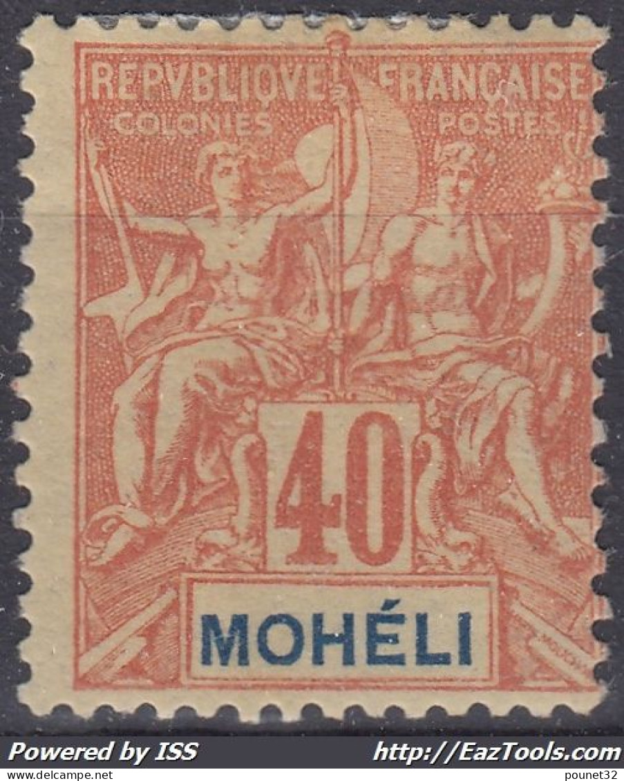 TIMBRE MOHELI TYPE GROUPE 40c ROUGE-ORANGE N° 10 NEUF * GOMME AVEC CHARNIERE - Ongebruikt