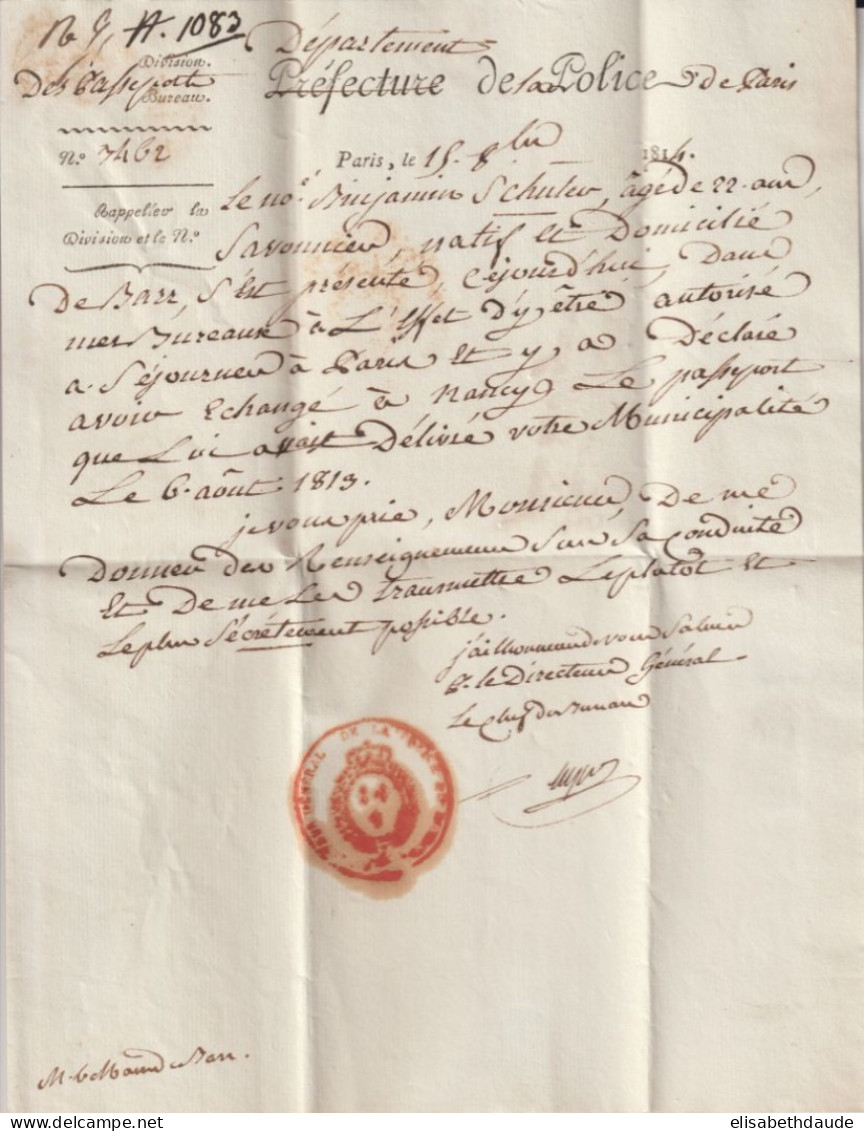 1814 - DIRECTEUR GENERAL DE LA POLICE DU ROYAUME ! - LETTRE En FRANCHISE => BARR (BAS-RHIN) - Civil Frank Covers