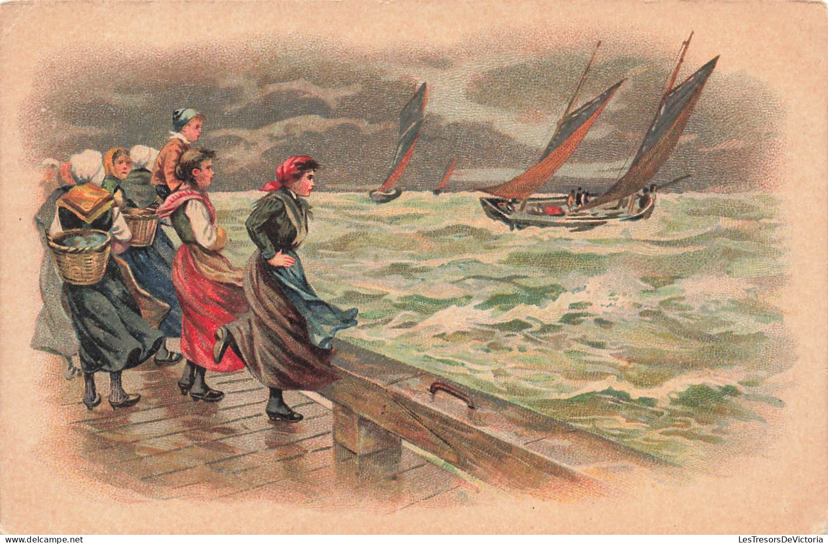 PEINTURES - TABLEAUX - Femmes Attendant Les Bateaux - Colorisé - Carte Postale Ancienne - Malerei & Gemälde