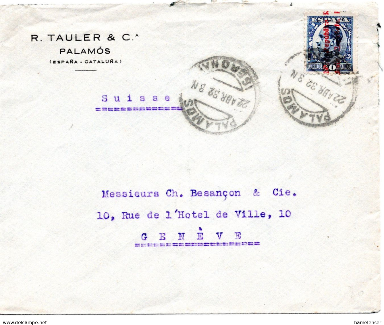 71865 - Spanien - 1932 - Republica/40c Alfonso EF A Bf PALAMOS -> Schweiz - Lettres & Documents