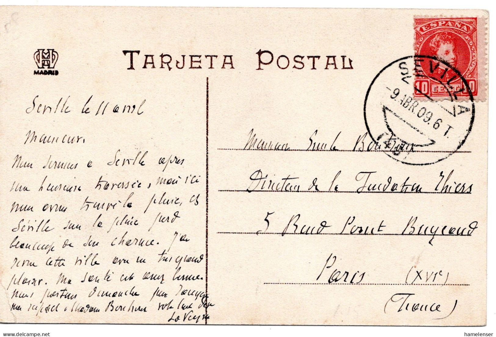 71866 - Spanien - 1909 - 10c Alfonso EF A AnsKte SEVILLA -> Frankreich - Lettres & Documents