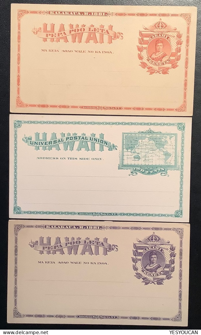 HAWAII 1882-1897 Three VF Mint Postal Stationery Cards 1c+2c Queen Liliuokalani & Mercartor Map Of Pacific Ocean (USA US - Hawai