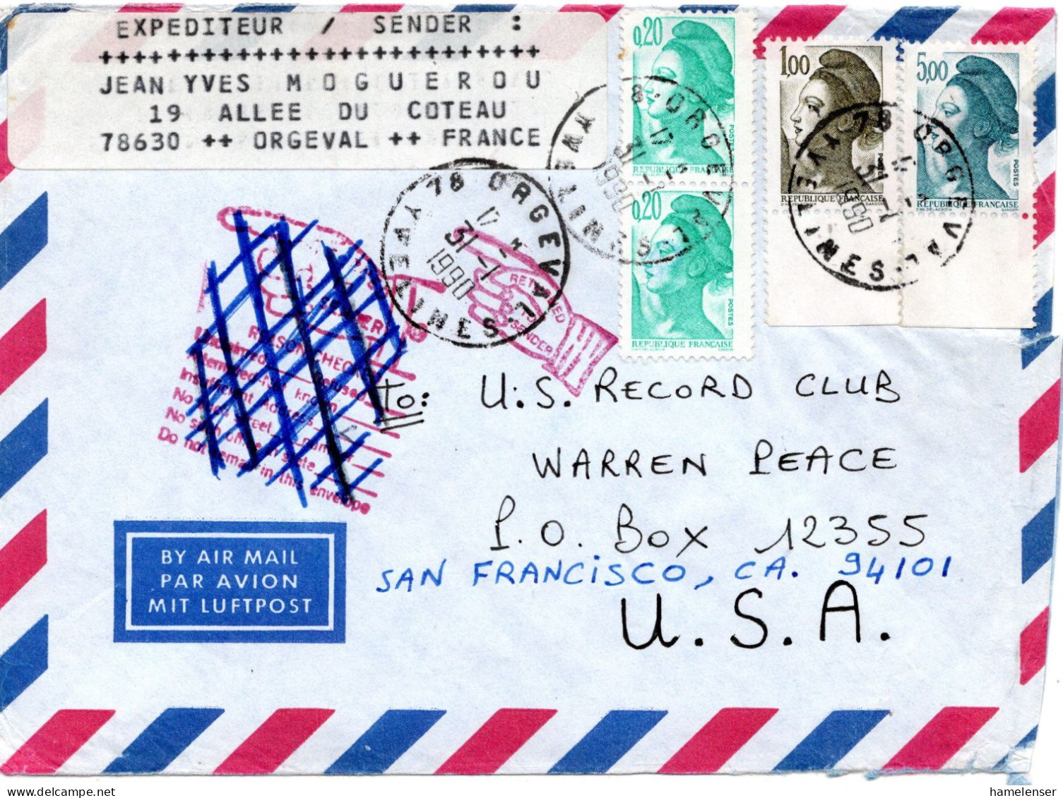 71870 - Frankreich - 1990 - 5,00F Liberte A LpBf ORGEVAL -> San Francisco, CA (USA) - Cartas & Documentos