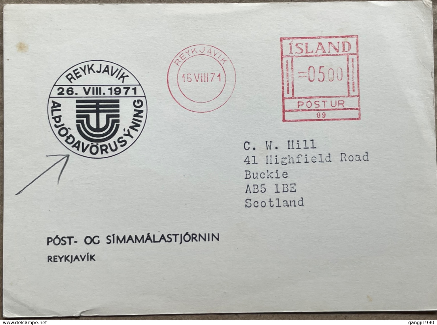 ICELAND 1971, CARD COVER USED TO SCOTLAND, REYKJAVIK CITY METER CANCEL, INFORMATION. TEMPORARY POST OFFICE OPEN. - Lettres & Documents