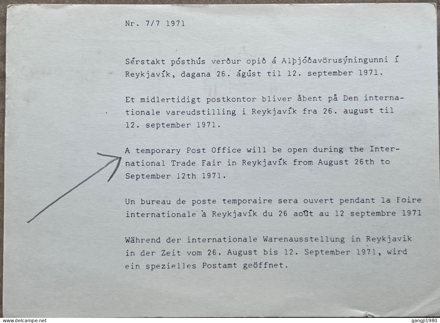 ICELAND 1971, CARD COVER USED TO SCOTLAND, REYKJAVIK CITY METER CANCEL, INFORMATION. TEMPORARY POST OFFICE OPEN. - Cartas & Documentos