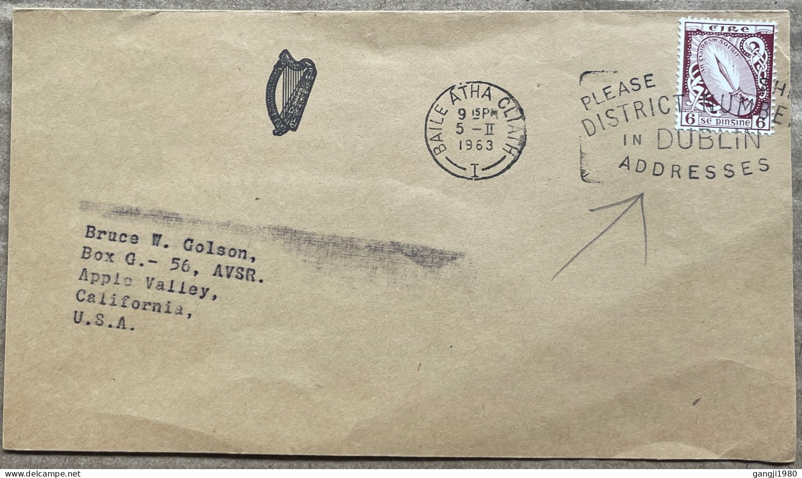 IRELAND 1963, COVER USED TO USA,TORCH STAMP, MACHINE SLOGAN, DISTRICT NUMBER IN DUBLIN ADDRESSES, BAILE ATHA CLIATH CITY - Lettres & Documents