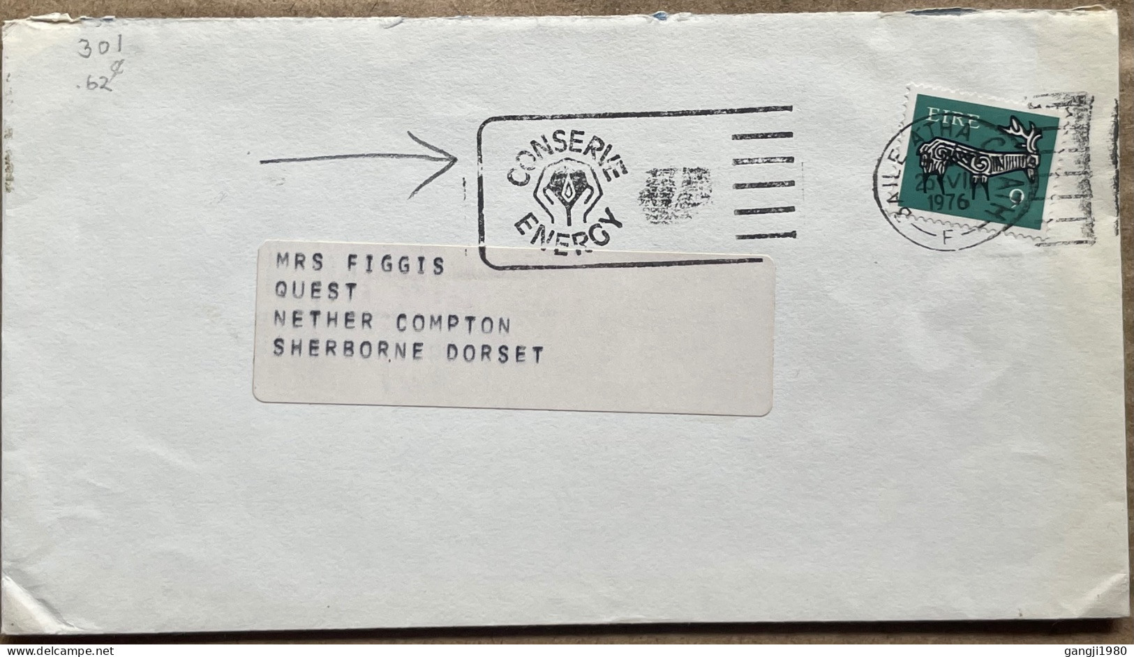 IRELAND 1976,COVER USED TO ENGLAND, PICTURE MACHINE SLOGAN, CONSERVE ENERGY,  ANIMAL STAMP. - Covers & Documents