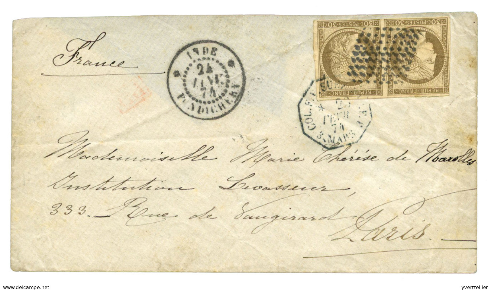 INDE : N°20 Obl. En Paire Sur Lettre De Pondichéry 1874 - Sonstige & Ohne Zuordnung