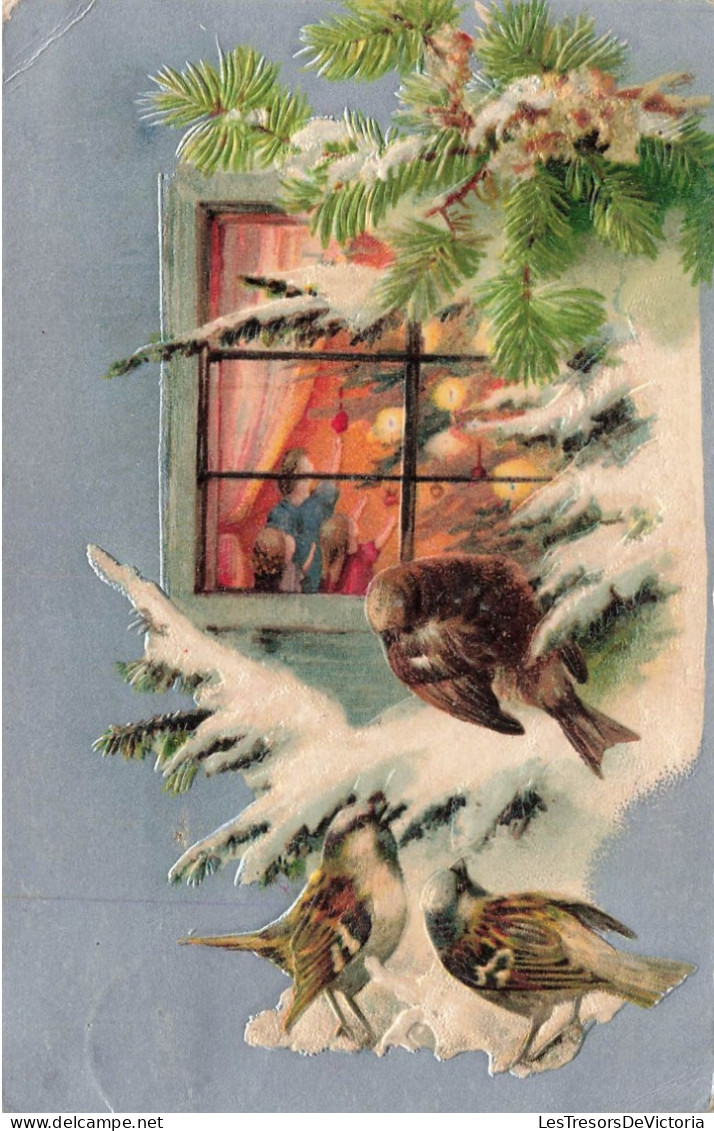 ANIMAUX - Oiseaux - Des Oiseaux Sur Une Branche De Sapin - Fenêtre - Noël - Carte Postale Ancienne - Oiseaux