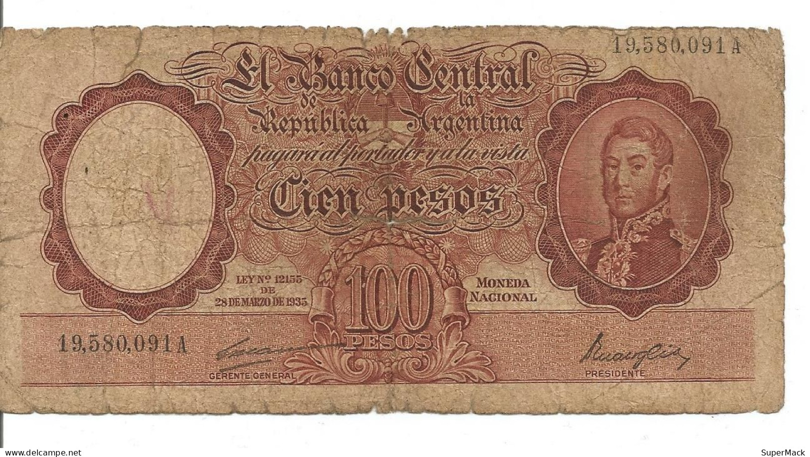 Argentine 100 Pesos 1947-48 P#267 Serie A 19,580,091 B+ - Argentine