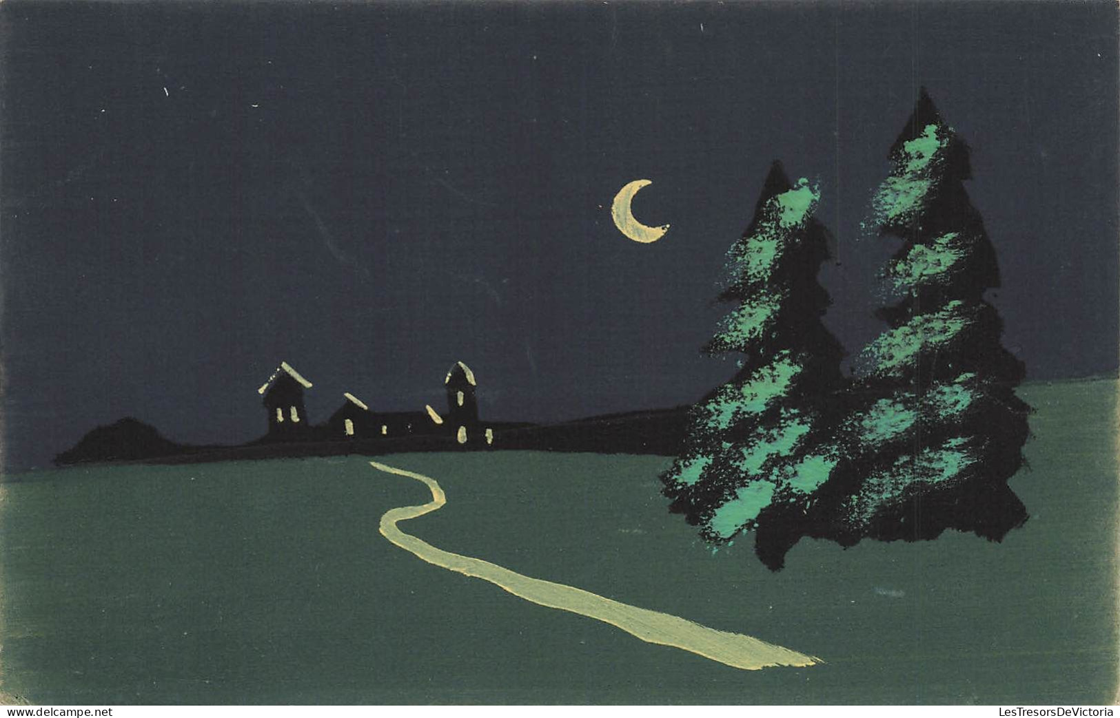 ARTS - Tableau Et Peinture - Un Village Dans La Nuit - 2 Sapins - Clair De Lune - Carte Postale Ancienne - Schilderijen