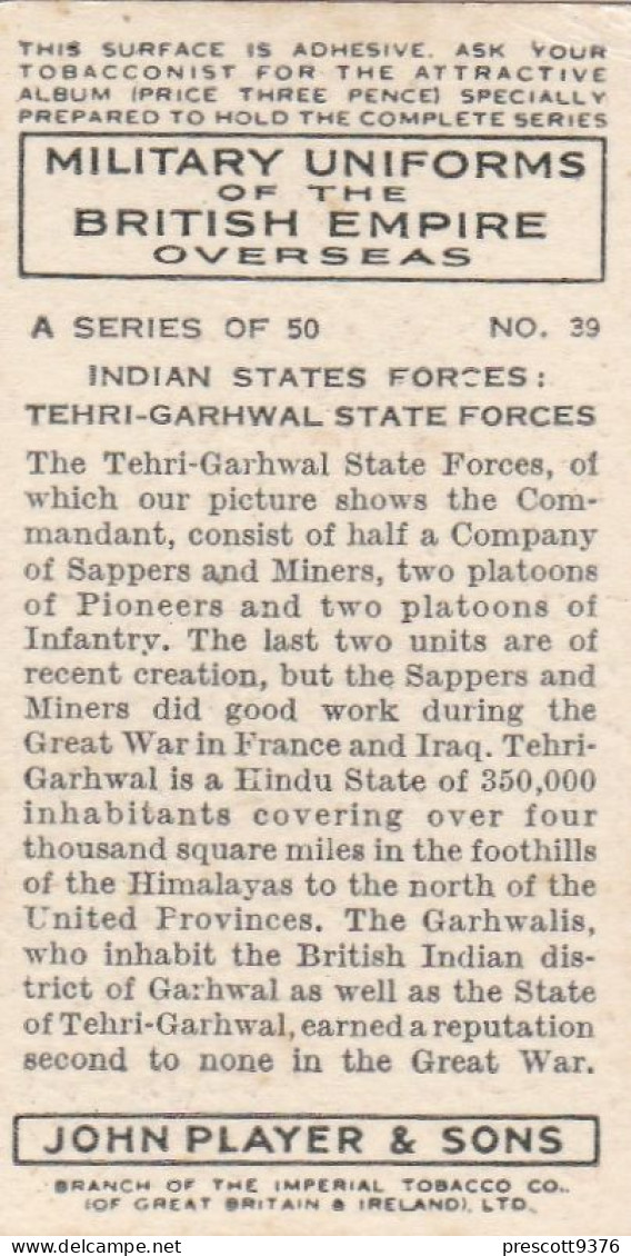 Military Uniforms British Empire 1938 - Players Cigarette Card - 39 Tehri Garhwel State Forces India - Player's