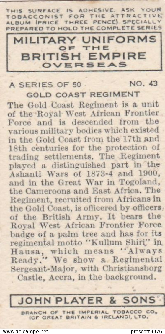 Military Uniforms British Empire 1938 - Players Cigarette Card - 43 Gold Coast Regiment - Player's