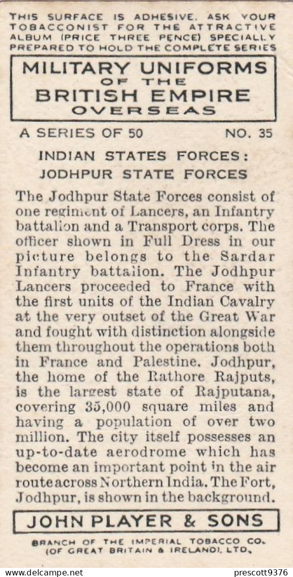 Military Uniforms British Empire 1938 - Players Cigarette Card - 35 Jodhpur State Forces, India - Player's