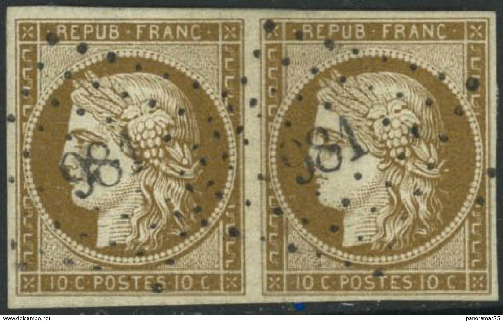 Obl. N°1 10c Bistre, Paire Obl PC Signé Brun, Jolie Pièce - TB - 1849-1850 Ceres