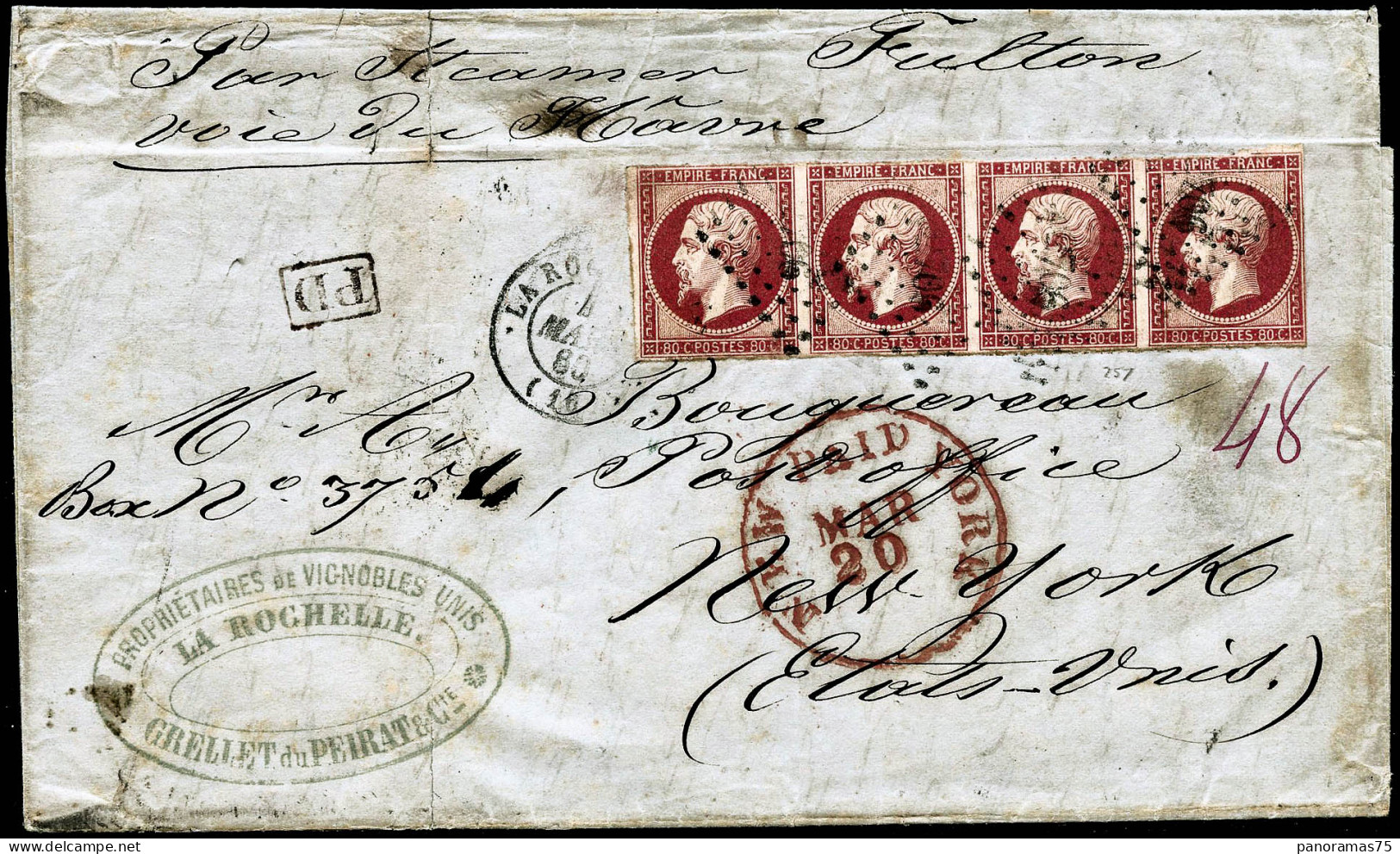 Lettre N°17B Bande De 4, PC 2706 + Càd Type 15, La Rochelle 04/03/60 Pour New-York Filets Touchés, Plaisant - B - 1853-1860 Napoléon III