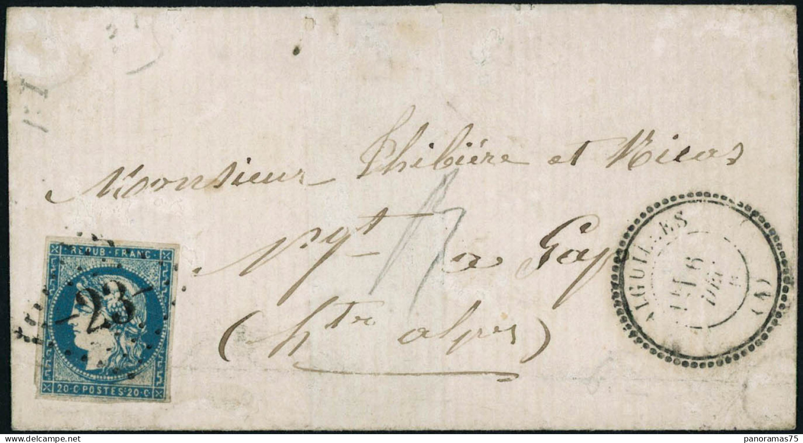 Lettre N°44A 20c Bleu Type I R1 S/lettre, Obl GC 23 Aiguille Indice 19, Rare - TB - 1870 Ausgabe Bordeaux
