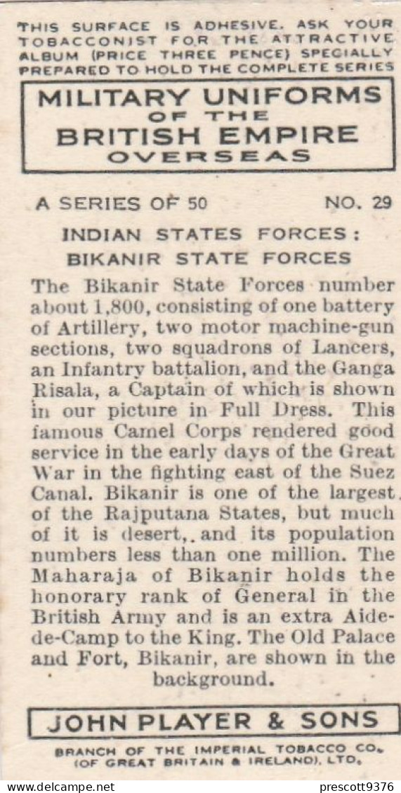 Military Uniforms British Empire 1938 - Players Cigarette Card - 29 Bikanir State Forces, India - Player's