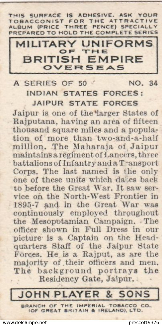 Military Uniforms British Empire 1938 - Players Cigarette Card - 34 Jaipur State Forces, India - Player's
