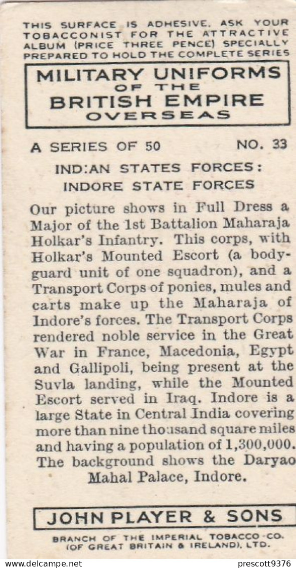 Military Uniforms British Empire 1938 - Players Cigarette Card - 34 Indore State Forces, India - Player's