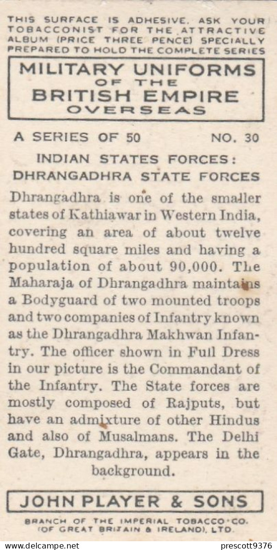 Military Uniforms British Empire 1938 - Players Cigarette Card - 30 Dhrangadhra  State Forces, India - Player's