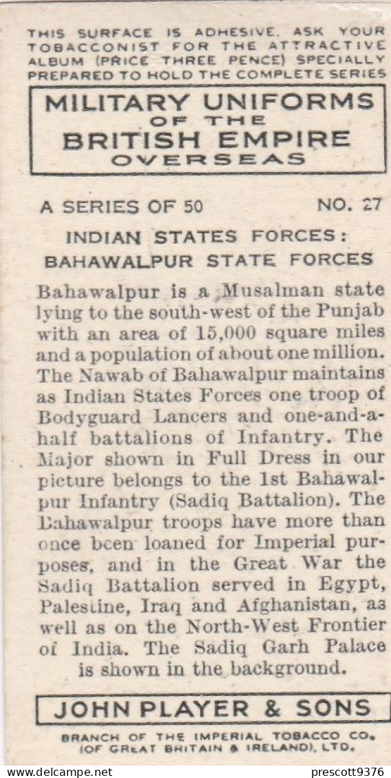 Military Uniforms British Empire 1938 - Players Cigarette Card - 27 Bahalwalpur  State Forces, India - Player's