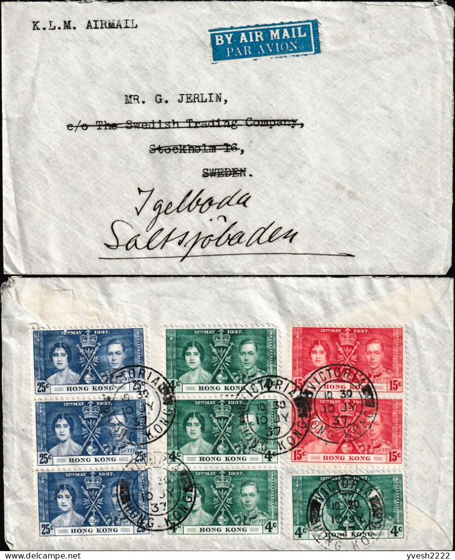 Hong Kong 1937 Y&T 137 à 139, Michel 136 à 138. Lettre Par KLM, Victoria à Stockholm. Couronnement De George VI. Superbe - Covers & Documents