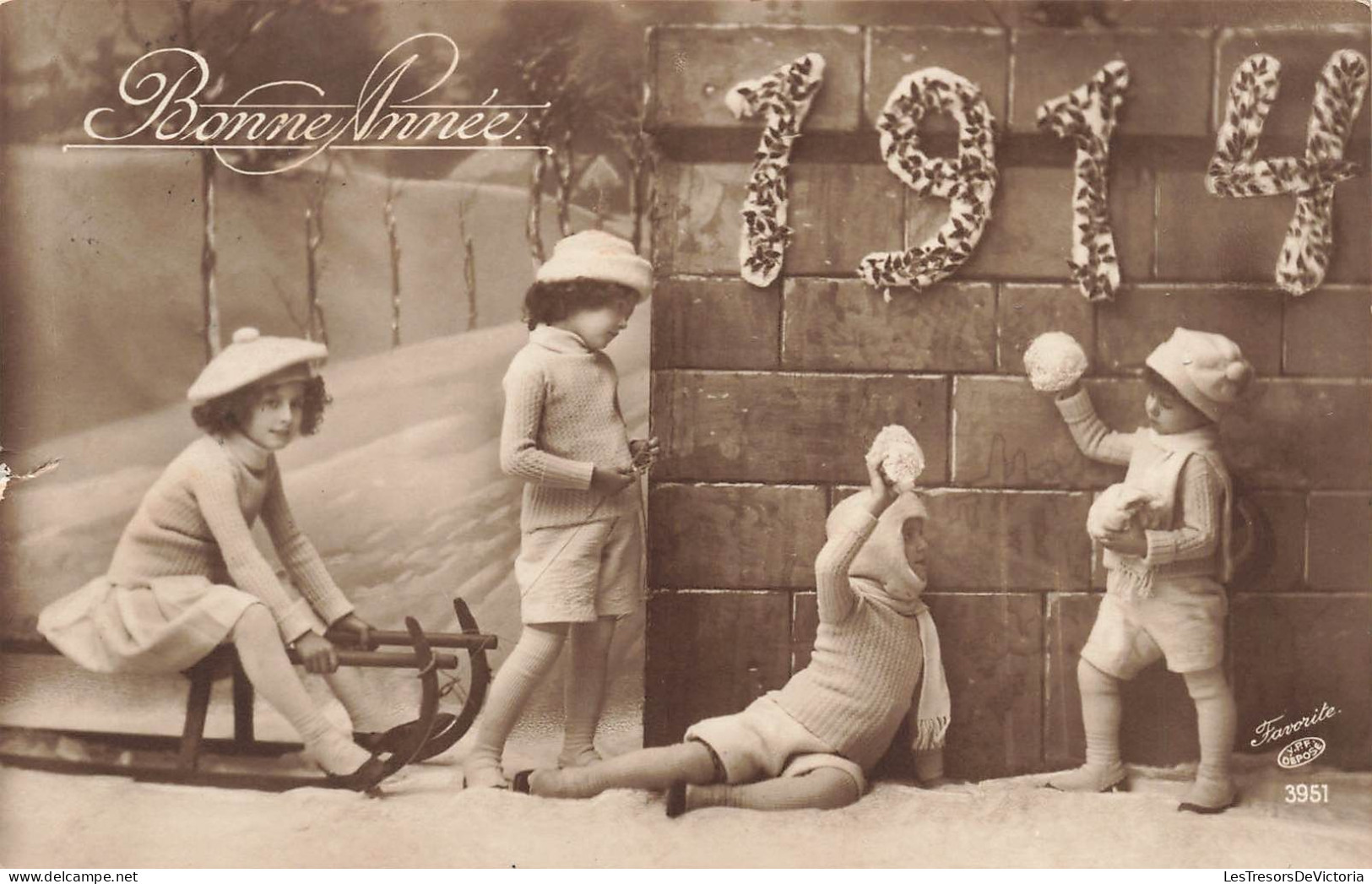 FÊTES ET VOEUX - Bonne Année 1914 - Des Enfants Jouants à La Luge - Bataille De Boules De Neige - Carte Postale Ancienne - Nouvel An