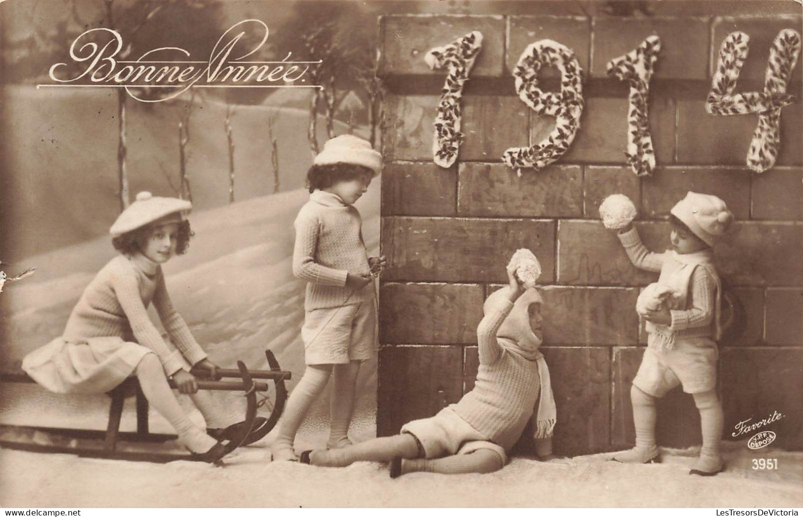 FÊTES ET VOEUX - Bonne Année 1914 - Des Enfants Jouants à La Luge - Bataille De Boules De Neige - Carte Postale Ancienne - New Year