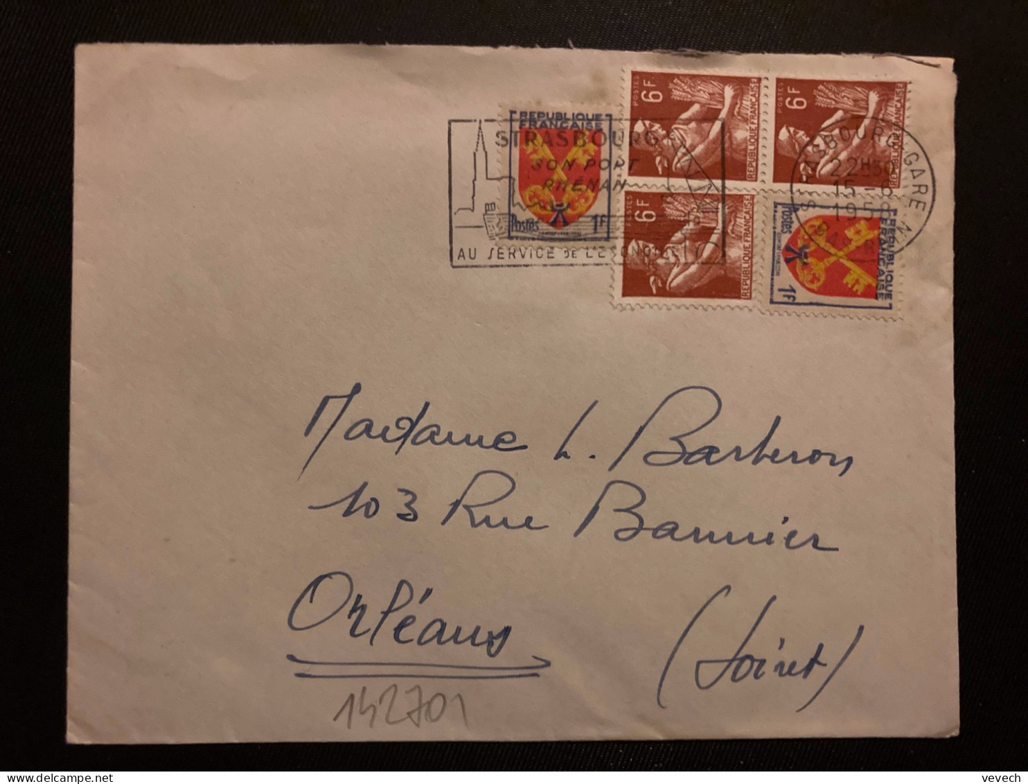 LETTRE TP PAYSANNE 6F+ Paire + COMTAT VENAISSIN 1F X2 OBL.MEC.15-6 1958 STRASBOURG GARE BAS-RHIN (67) - 1957-1959 Mietitrice