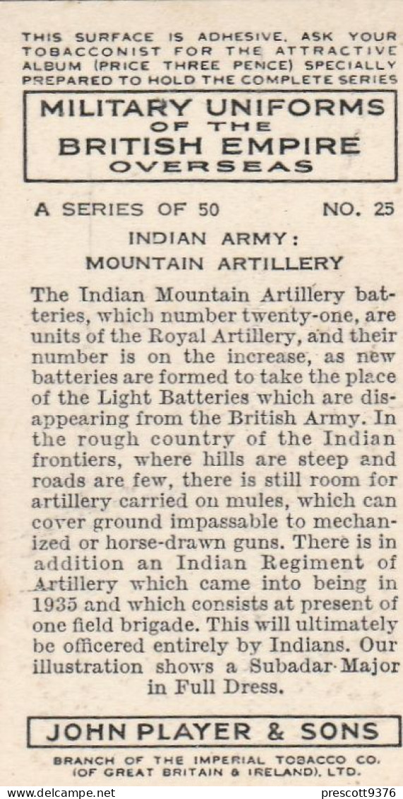 Military Uniforms British Empire 1938 - Players Cigarette Card - 25 Mountain Artillery , India - Player's